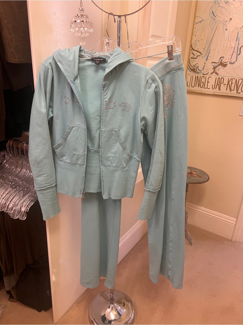 bebe Light Aqua Zip Hoodie with Rhinestone Accent